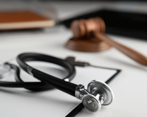 Close-up of a stethoscope and judge’s gavel on a desk, representing legal action in medical malpractice cases