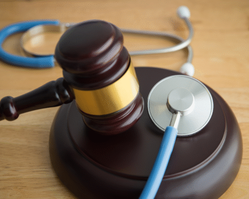 Judge's gavel and stethoscope symbolizing medical malpractice claims involving bile leaks, gallbladder surgery errors, and healthcare provider accountability.