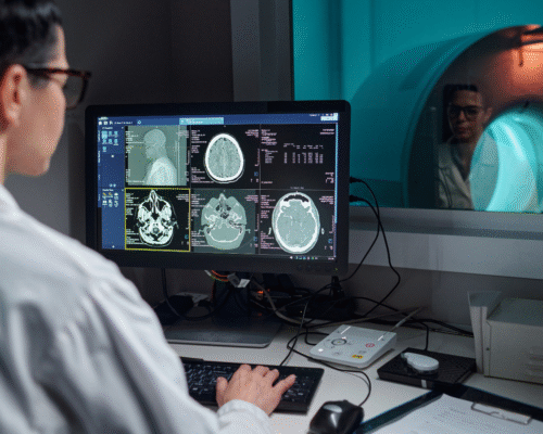 Doctor reviewing brain MRI scans on a computer while a patient undergoes imaging in the background, illustrating potential radiology errors and misdiagnosis of neurological conditions.