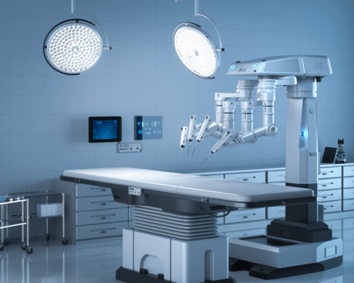 Robotic surgical system positioned over an operating table in a modern operating room, illustrating robotic-assisted surgery and potential medical malpractice involving surgical technology.
