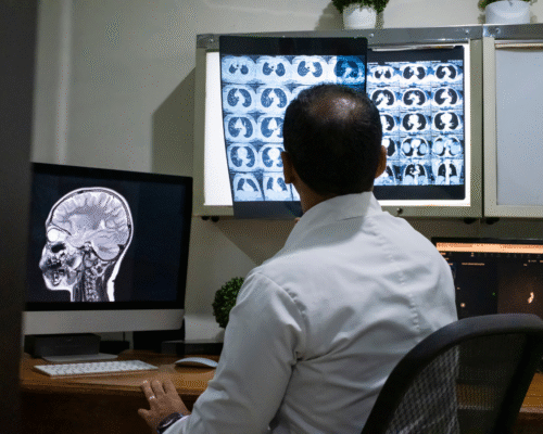 Doctor reviews CT and MRI scans on diagnostic monitors while interpreting medical images remotely, representing teleradiology, radiology interpretation, delayed diagnosis, remote diagnostic services, medical imaging errors, and potential medical malpractice involving missed findings.
