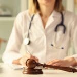 A doctor wearing a white coat sitting behind a witness stand.