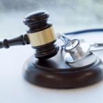 A judge’s gavel rests beside a stethoscope, symbolizing medical malpractice or healthcare litigation