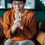 Older woman sitting on a couch, holding her wrist and looking at her hand in discomfort, representing a potential early symptom of stroke relevant to misdiagnosis awareness