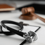 Close-up of a stethoscope and judge’s gavel on a desk, representing legal action in medical malpractice cases