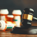 A black wooden gavel striking a wooden base, with four prescription pill bottles in the background