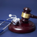 Close-up of a stethoscope next to brass legal scales on a polished wooden surface, symbolizing the intersection of healthcare and legal accountability